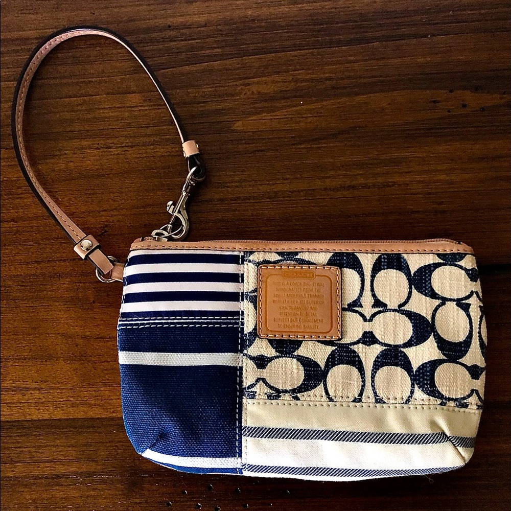 Adorable COACH Blue and White Fabric Wristlet with Tan Leather Trim.